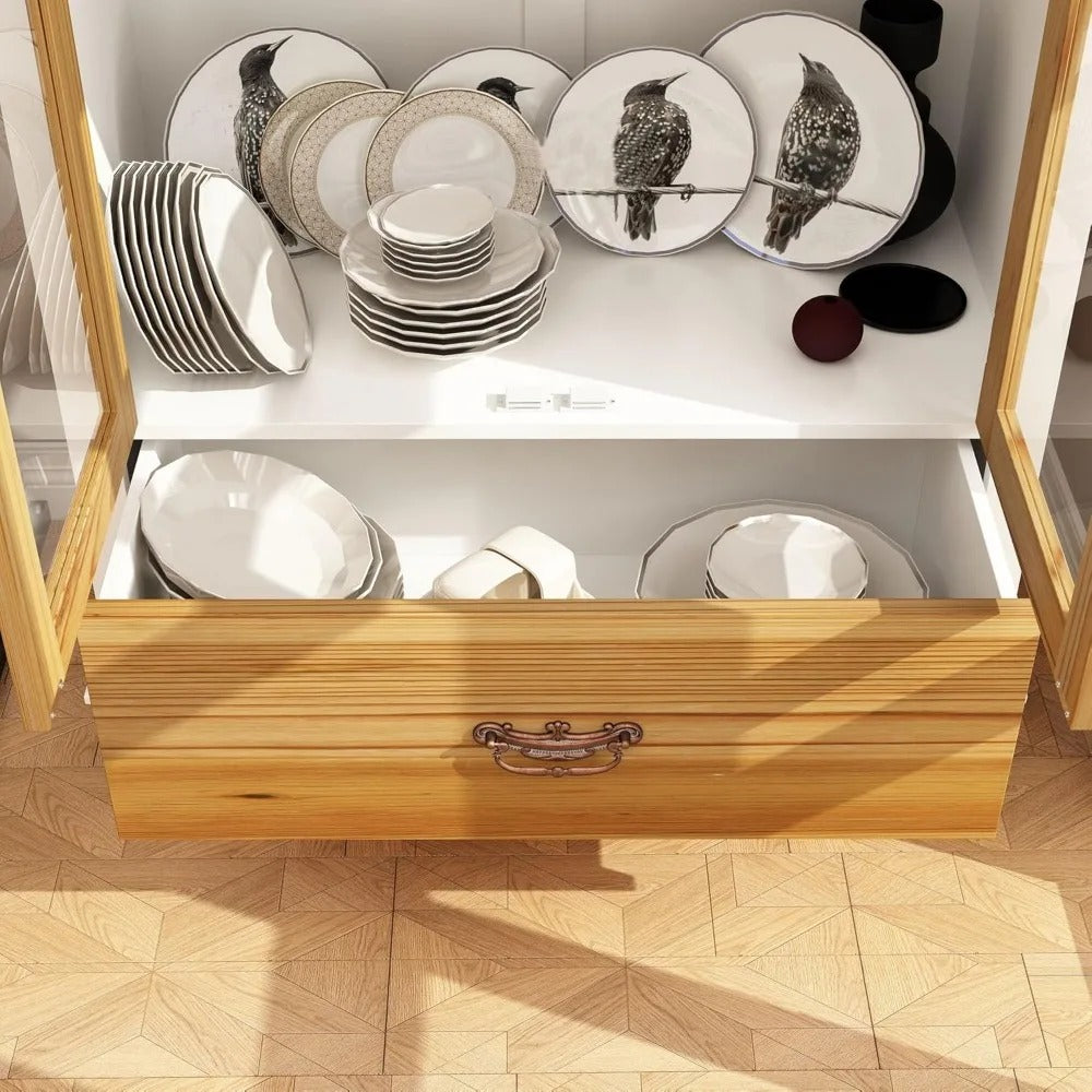 70.9" Farmhouse Kitchen Pantry Cabinet with Carved Glass Doors & Drawer – Corner Storage & Display Cabinet