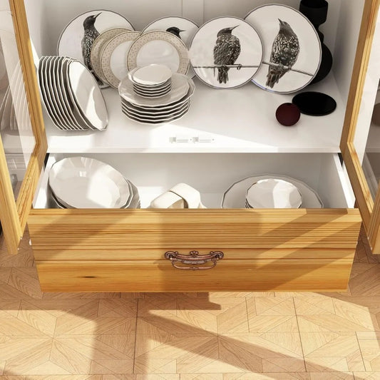 70.9" Farmhouse Kitchen Pantry Cabinet with Carved Glass Doors & Drawer – Corner Storage & Display Cabinet