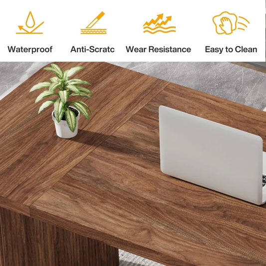 62" Executive Desk with Double Pedestal – Large Modern Office Writing Table, Scratch-Resistant Surface, Easy Assembly (Dark Brown)