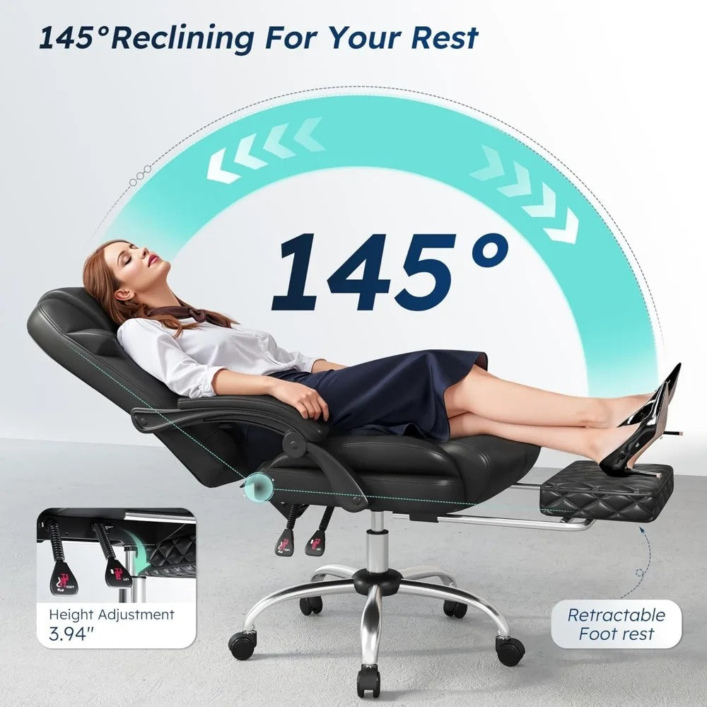 Ergonomic Office Chair with Footrest – 145° Reclining, Adjustable Height & Armrests, Lumbar Support Computer Desk Chair