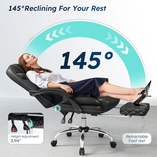 Ergonomic Office Chair with Footrest – 145° Reclining, Adjustable Height & Armrests, Lumbar Support Computer Desk Chair