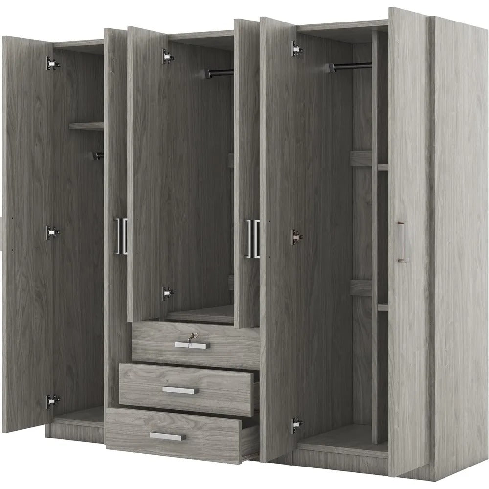 6-Door Wardrobe Closet with 3 Drawers & Lockable Storage – Modern Freestanding Armoire Organizer for Bedroom