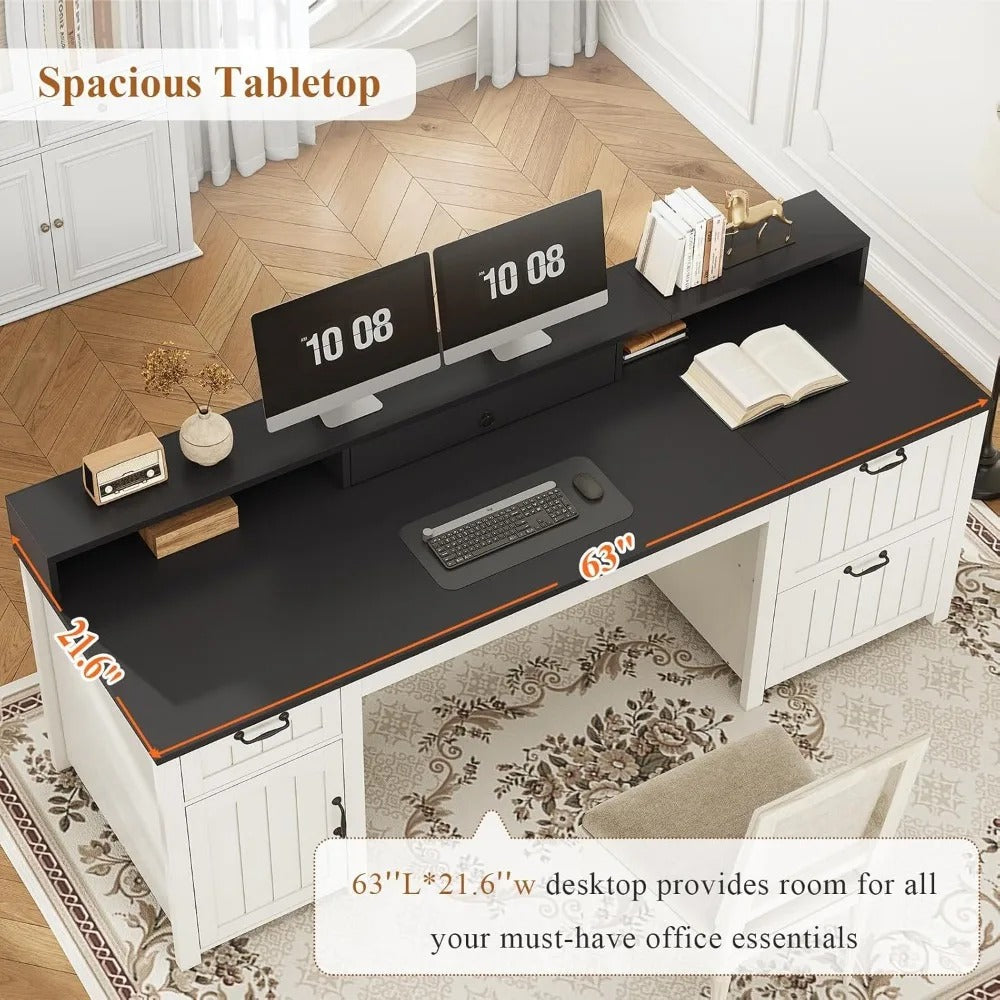63" Farmhouse Executive Desk with File Drawers, Storage Cabinet & Monitor Stand