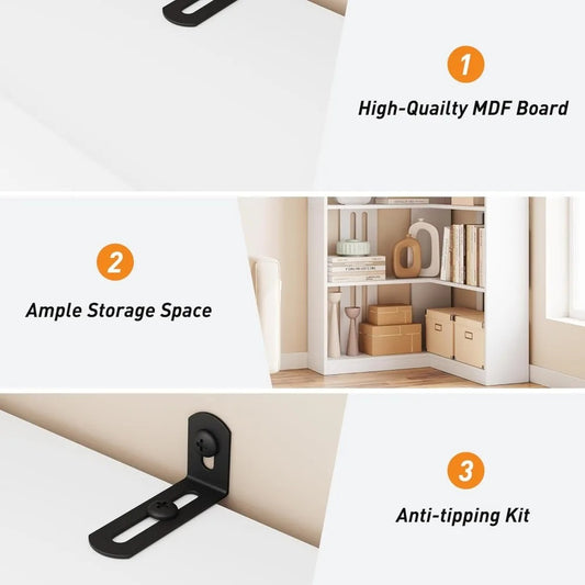 72" L-Shaped Corner Bookshelf – 5-Tier Rustic Wood Bookcase with Anti-Tip Design & Heavy-Duty Storage for Living Room or Office