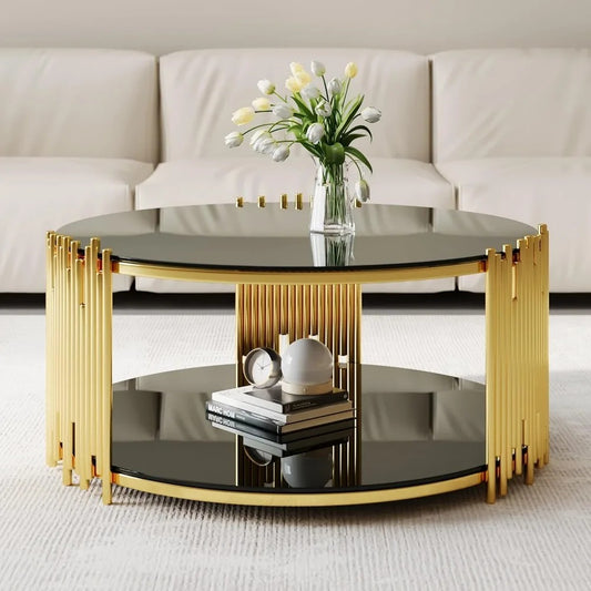 36" Black & Gold Round Glass Coffee Table – Modern 2-Tier Luxury Coffee Table with Tempered Glass and Gold Stainless Steel Frame