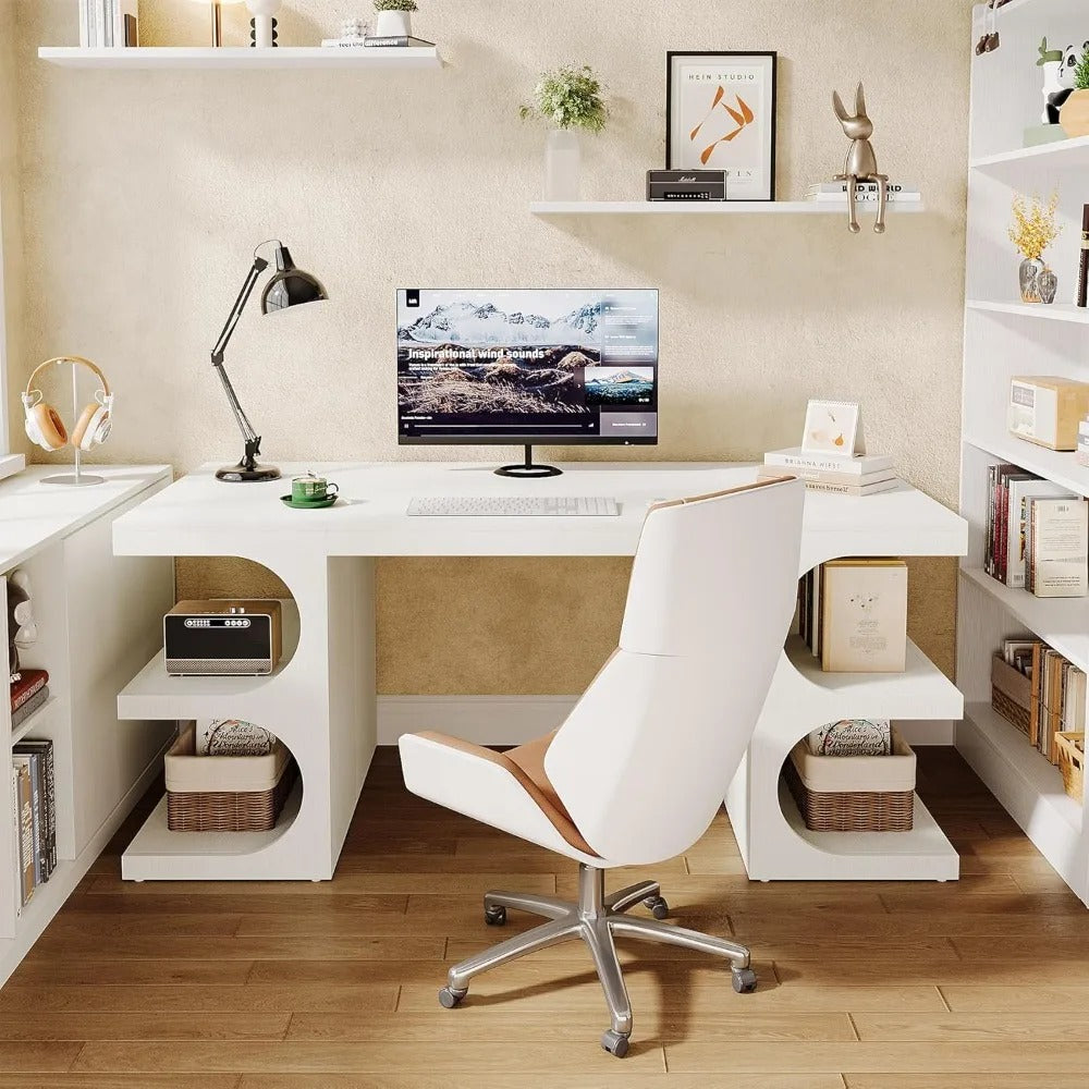 62" Executive Office Desk with Storage Shelves – Modern White Writing Desk for Home Office, Study, or Workstation Use