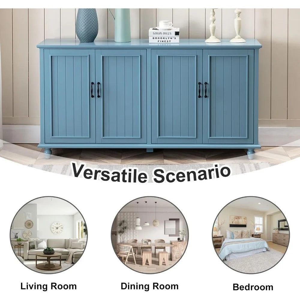 62" Modern Buffet & Bar Cabinet – Aqua Blue Sideboard with 4 Doors and Adjustable Shelves, Storage Cabinet for Kitchen, Dining Room & Living Room