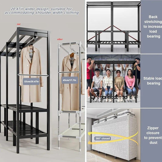 Heavy-Duty Foldable Wardrobe Closet Rack with Cover – 1100lbs Freestanding Portable Clothes Organizer with Shelves & Hanging Rods