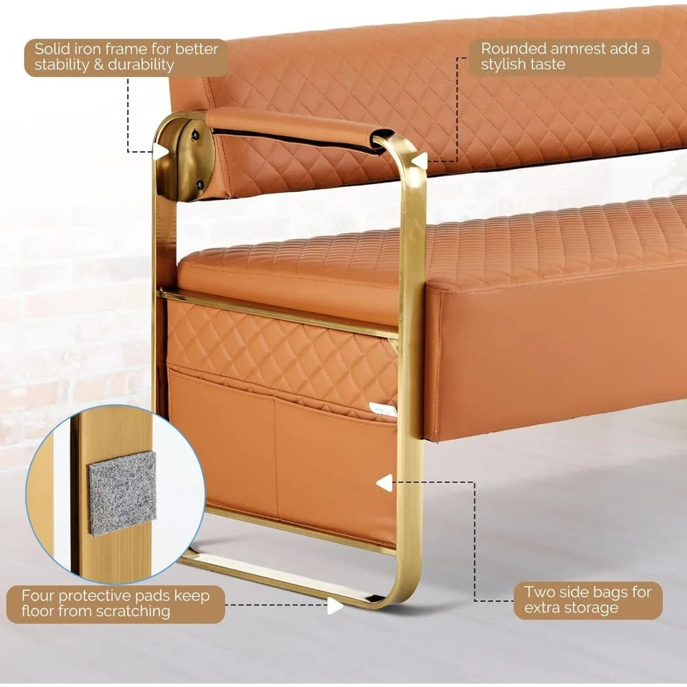 57.5" Waiting Room Bench with Back – PU Leather 3-Seater Guest Chair with Gold Frame for Office, Salon, Lobby, or Reception Area