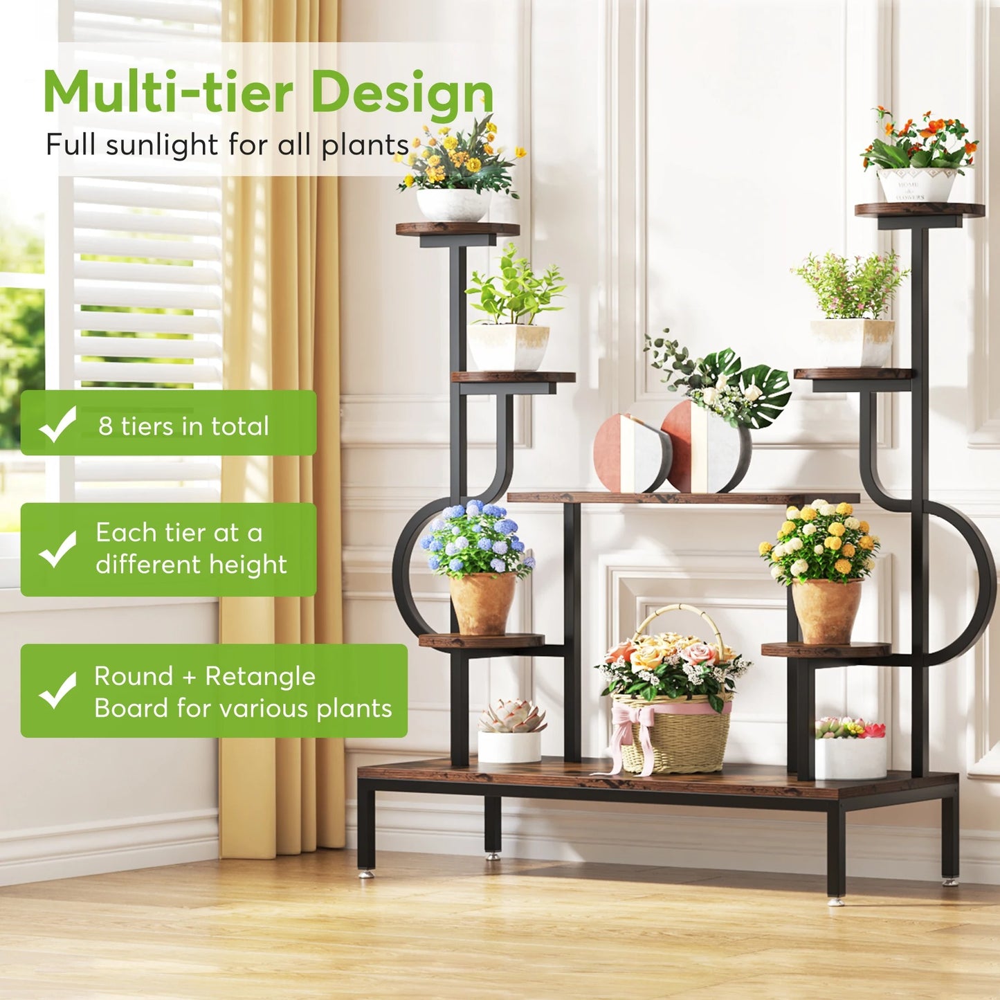 Modern Indoor Plant Stand – Tall Multi-Level Shelf with Round & Square Boards for Living Room or Balcony