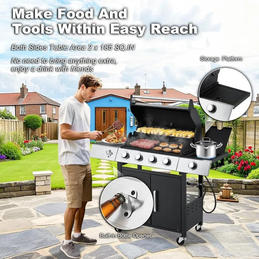 4-Burner Propane Gas Grill with Side Burner – 481 Sq. In. Cooking Space, Lockable Wheels, and Storage Cabinet