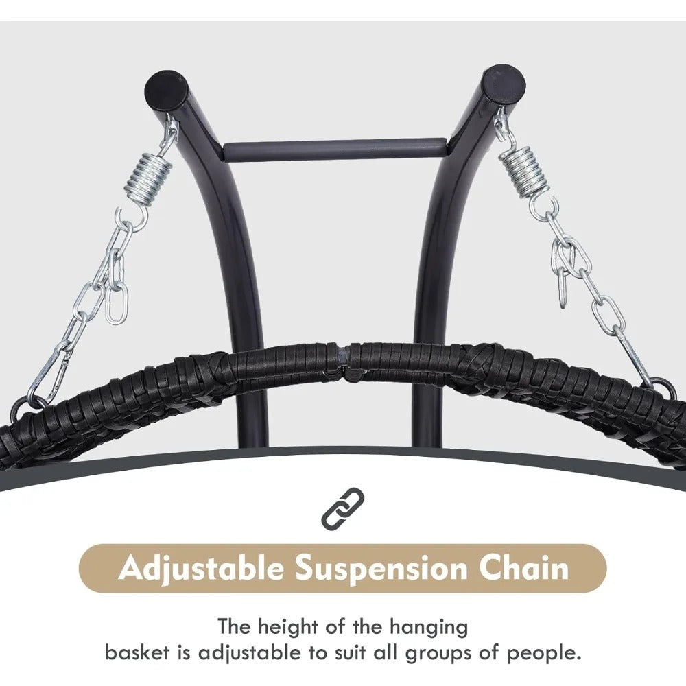 Double Hanging Egg Chair with Stand – Oversized 2-Person Outdoor Swing with Reclining Armrest & Cushions