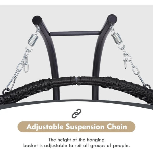 Double Hanging Egg Chair with Stand – Oversized 2-Person Outdoor Swing with Reclining Armrest & Cushions