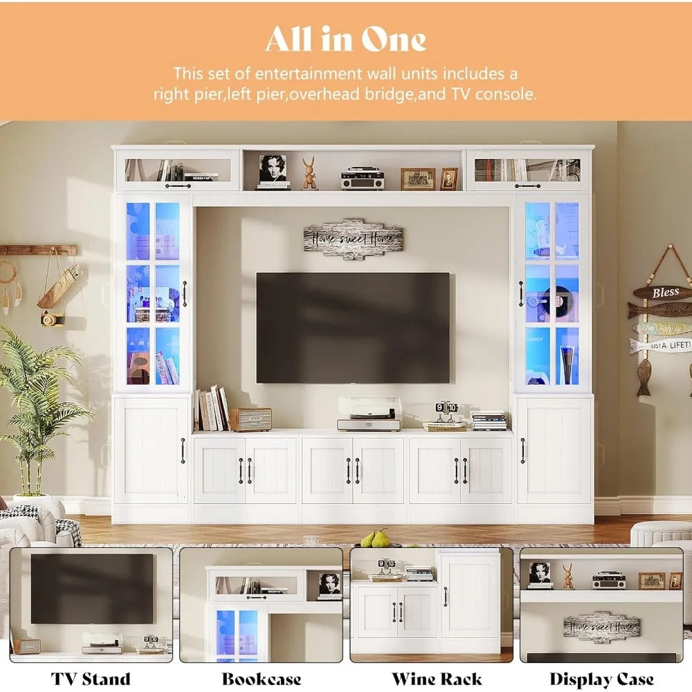 98" Wall Unit Entertainment Center with LED Lights – TV Stand with Storage, Bookshelves & Cabinets for TVs up to 80", White Modern Design