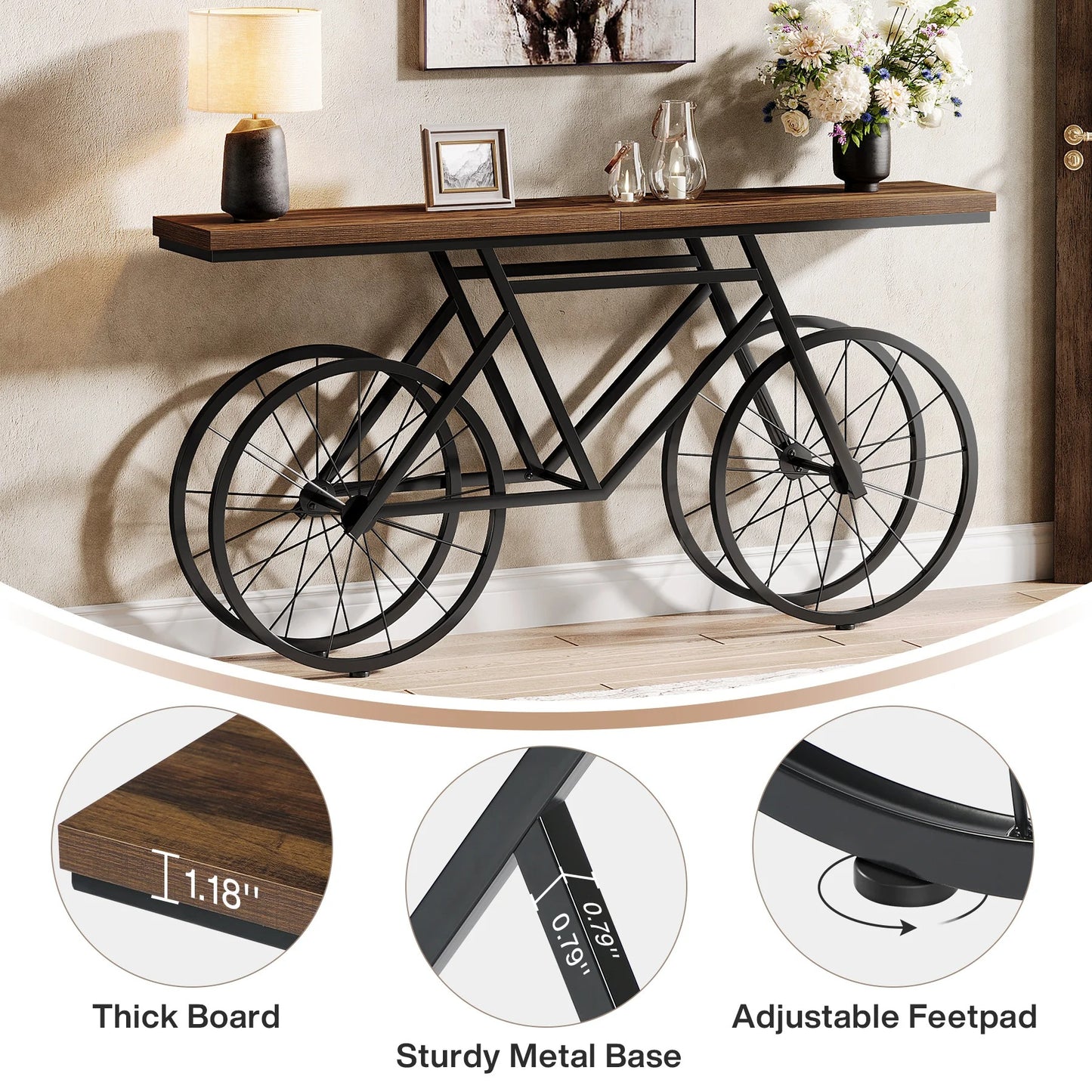 70.9" Industrial Console Table with Bicycle Metal Base – Narrow Entryway & Sofa Table