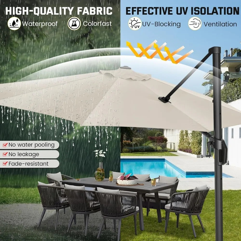 10FT Cantilever Patio Umbrella – 2025 Upgrade, 360° Rotation, Heavy-Duty Aluminum Frame, UPF50+ Fade-Resistant Canopy, Windproof Offset Umbrella for Patio