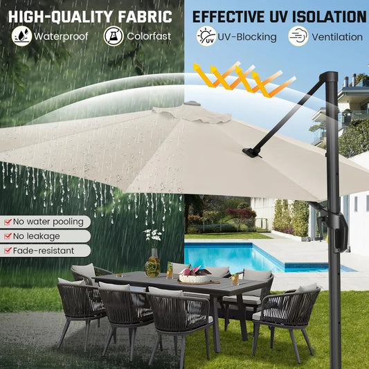 10FT Cantilever Patio Umbrella – 2025 Upgrade, 360° Rotation, Heavy-Duty Aluminum Frame, UPF50+ Fade-Resistant Canopy, Windproof Offset Umbrella for Patio