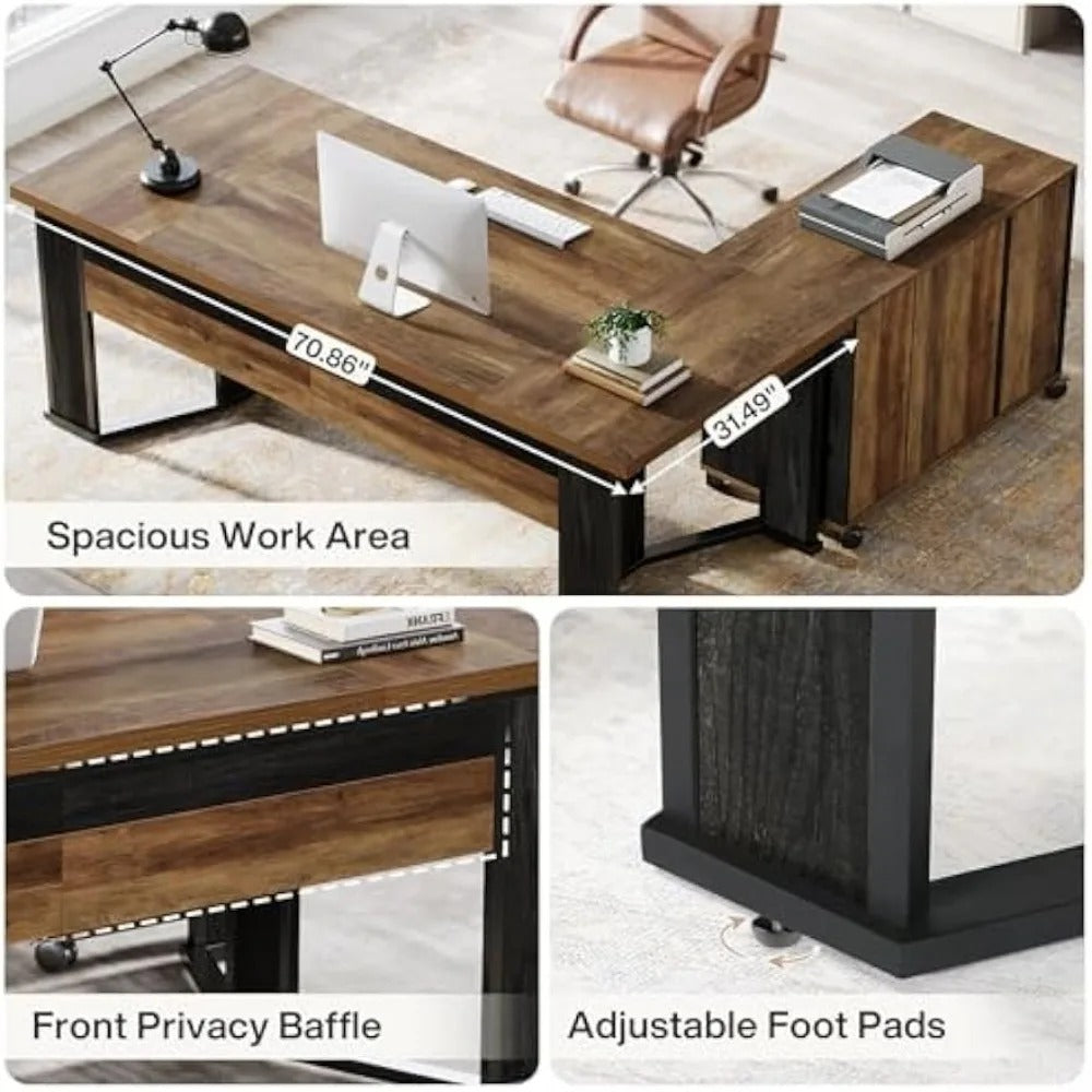 70.86" L-Shaped Executive Desk with Mobile File Cabinet – Large Computer Workstation with Drawers & Storage Shelves for Office
