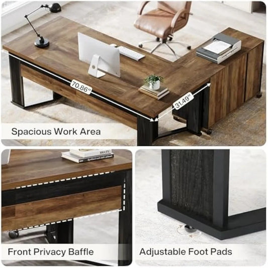 70.86" L-Shaped Executive Desk with Mobile File Cabinet – Large Computer Workstation with Drawers & Storage Shelves for Office