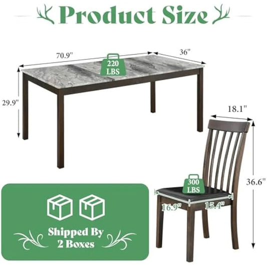7-Piece Dining Table Set with Faux Marble Top – Includes 6 PU Leather Upholstered Chairs & Solid Wood Frame (Seats 6)