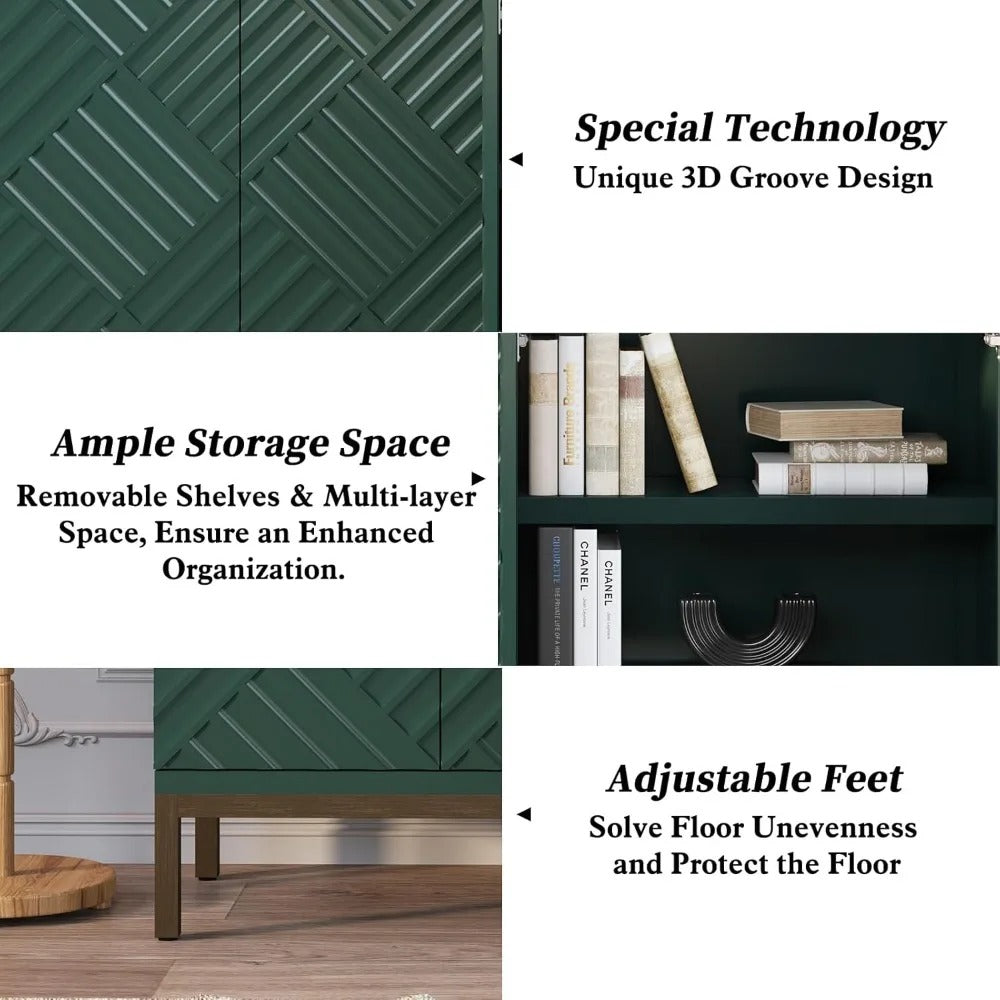 Green Fluted Sideboard Buffet – 47" Modern Storage Cabinet with 4 Doors & Bronze Metal Legs for Dining Room & Entryway