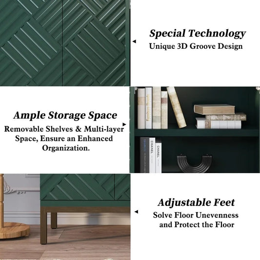 Green Fluted Sideboard Buffet – 47" Modern Storage Cabinet with 4 Doors & Bronze Metal Legs for Dining Room & Entryway