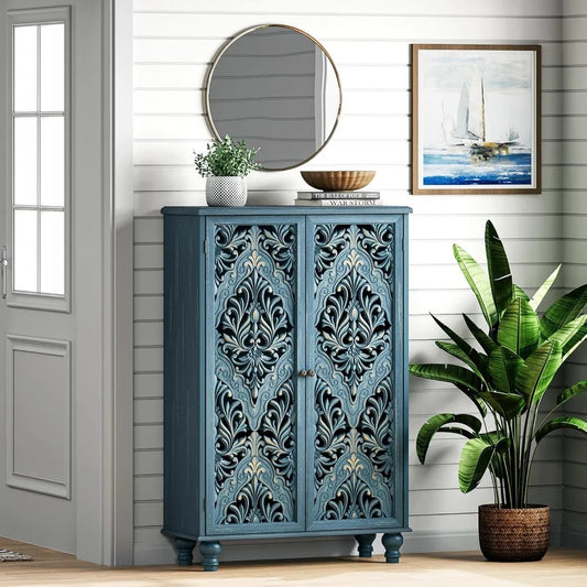 Carved Blue Accent Cabinet with Doors – 47" Farmhouse Storage Cabinet with Solid Wood Legs for Entryway, Bedroom & Living Room