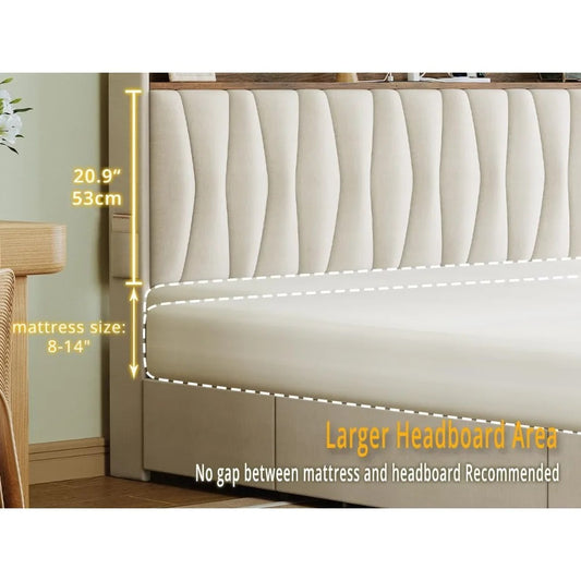 Full Size Upholstered Bed Frame with Storage Headboard, Charging Station & 3 Drawers – No Box Spring Needed, Beige Linen