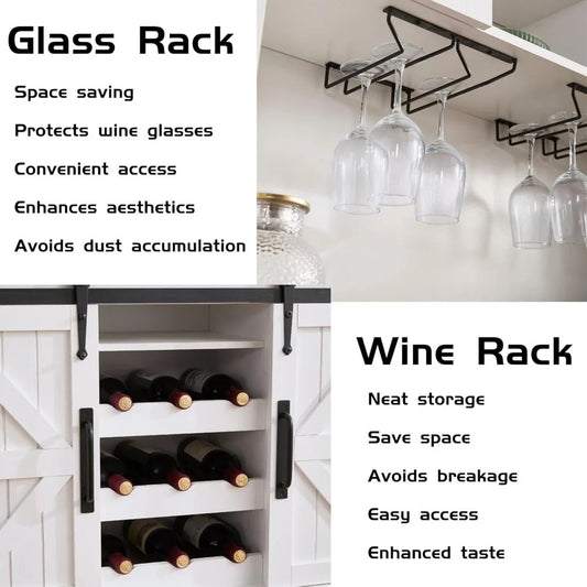 71'' Farmhouse Coffee Bar Cabinet with Sliding Barn Doors, Drawers & Wine Glass Rack – Black Kitchen Pantry & Buffet Storage Cabinet