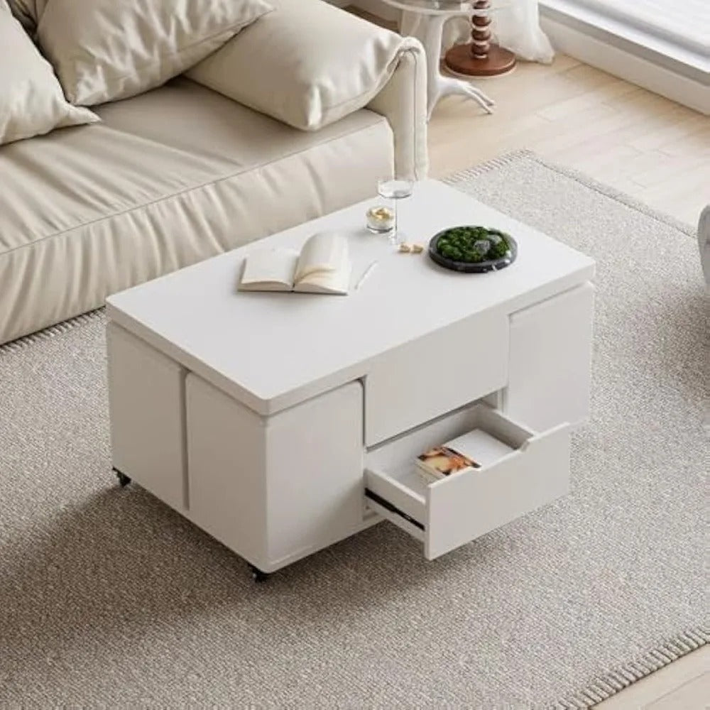 3-in-1 White Lift Top Coffee Table with Storage, Folding Dining Table & 4 Hidden Stools on Casters