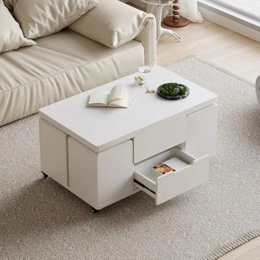 3-in-1 White Lift Top Coffee Table with Storage, Folding Dining Table & 4 Hidden Stools on Casters