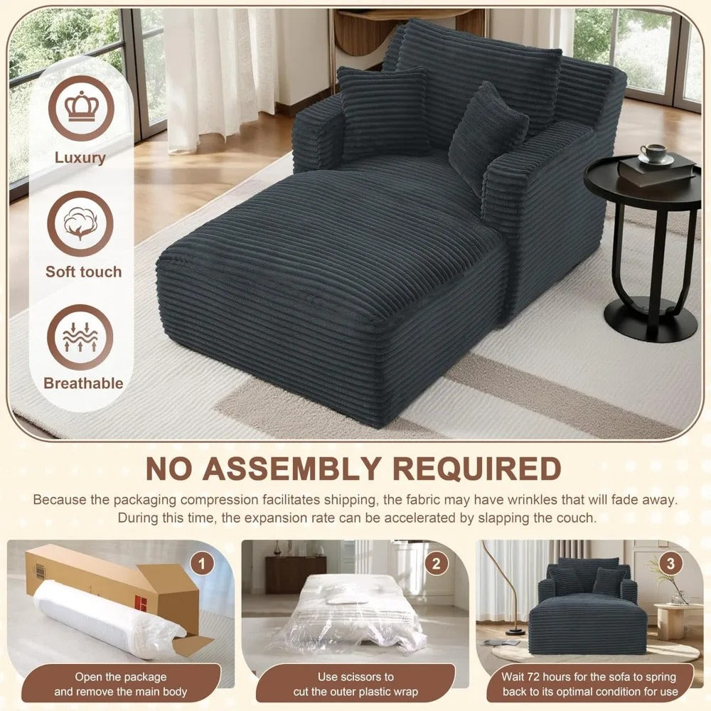 40" Corduroy Chaise Lounge Sofa Bed – Oversized Boneless Couch Sleeper for Indoor Use, Upholstered Cloud Chair in Dark Gray
