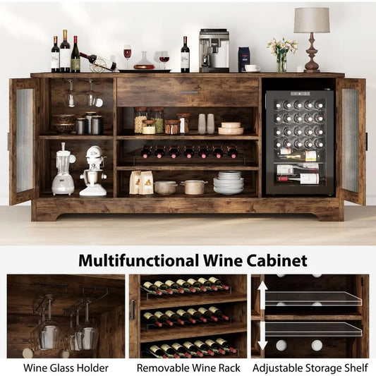 70.9" Farmhouse Bar Cabinet with Fridge Space, Wine Racks & Storage Drawers