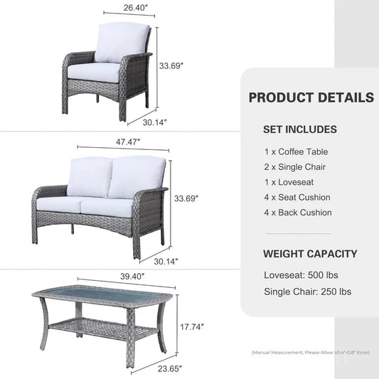 4-Piece Outdoor Wicker Patio Furniture Set – All-Weather Rattan Loveseat, Chairs & Table with Cushions (Gray)