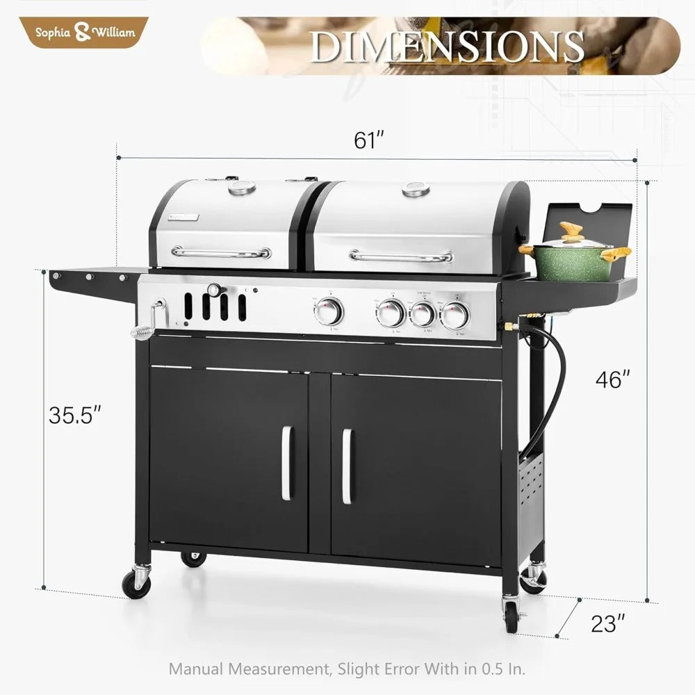 Dual Fuel Gas & Charcoal Grill Combo – 690 Sq.In. BBQ Grill with Side Burner, Porcelain Cast Iron Grates, Removable Grease Tray