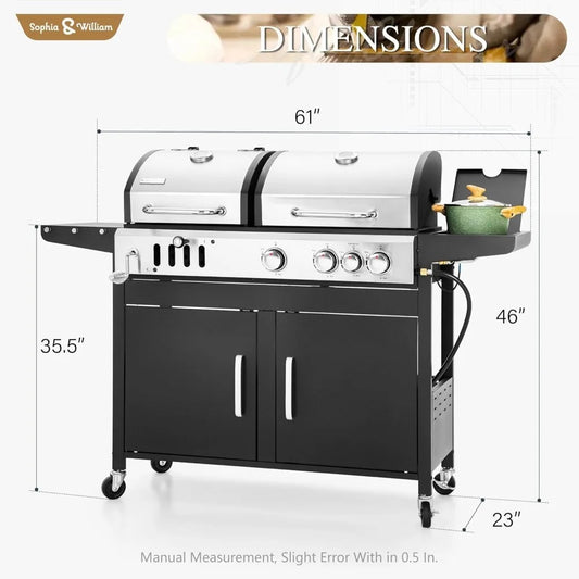 Dual Fuel Gas & Charcoal Grill Combo – 690 Sq.In. BBQ Grill with Side Burner, Porcelain Cast Iron Grates, Removable Grease Tray