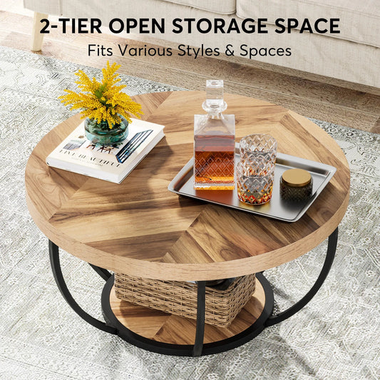 Modern Round Coffee Table with Storage – 2-Tier Wooden Circle Table for Living Room or Office