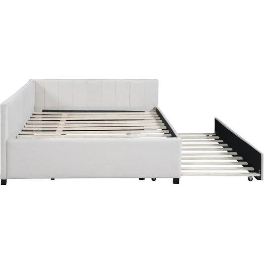 Full Size Upholstered Daybed with Twin Trundle – Linen Fabric Sofa Bed Frame, No Box Spring Needed, Beige