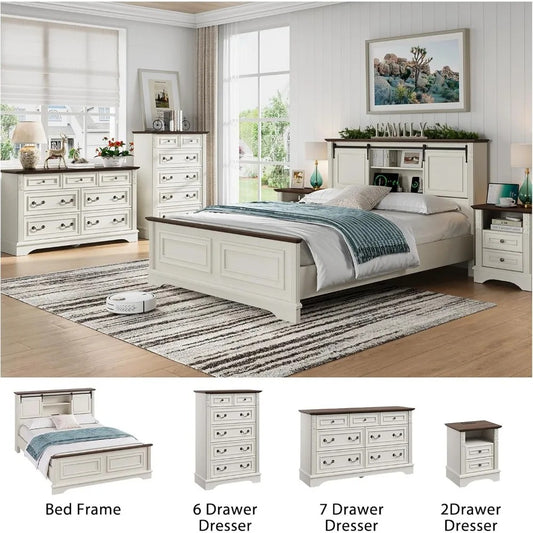 Farmhouse Queen Bed Frame with Bookcase Headboard, Storage, Charging Station & Barn Doors – Antique White Wood Platform