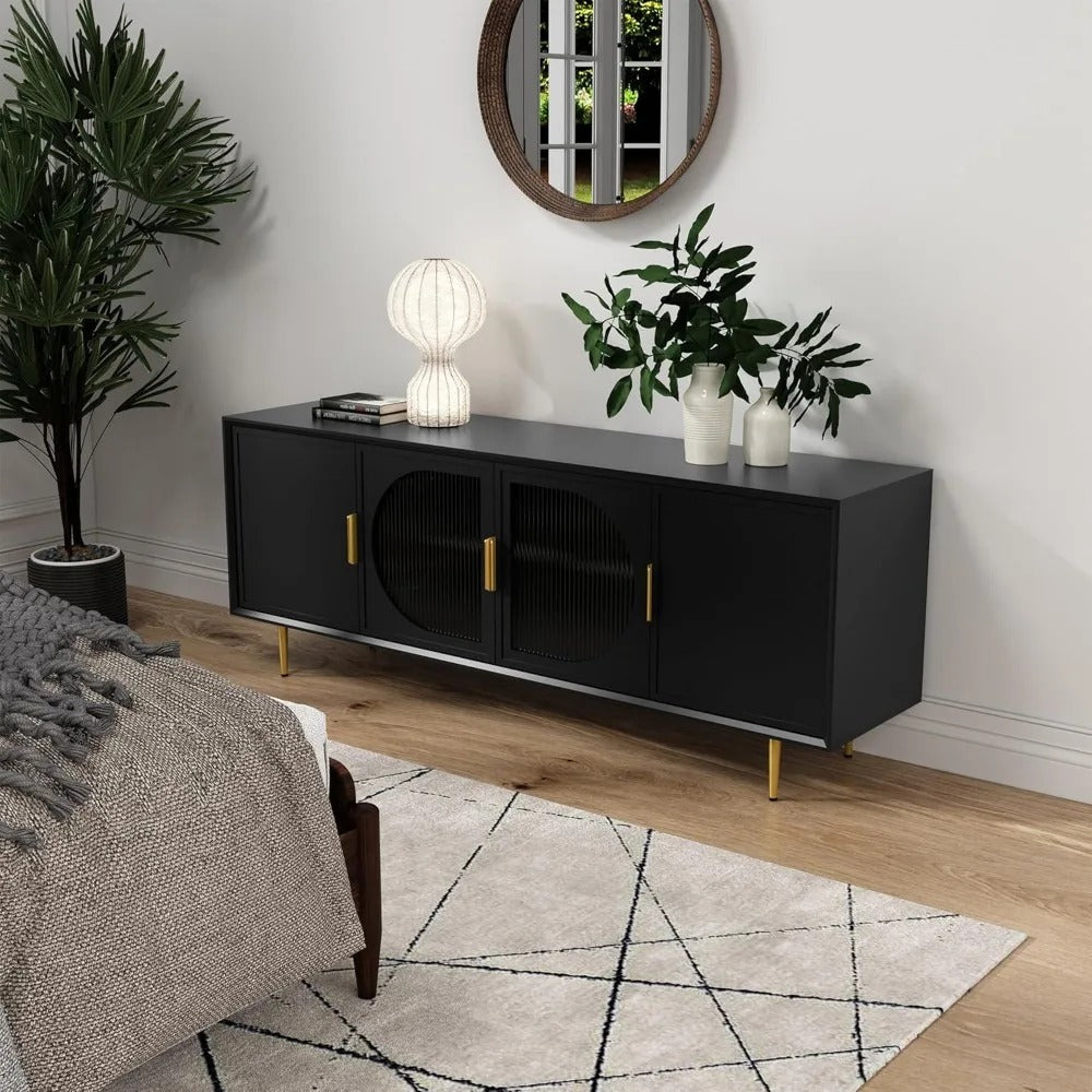 66" Modern Black TV Stand with 4 Glass Doors – Media Console for TVs Up to 75", Storage Cabinet with Shelves & Cable Management
