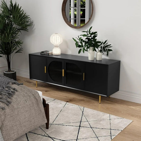 66" Modern Black TV Stand with 4 Glass Doors – Media Console for TVs Up to 75", Storage Cabinet with Shelves & Cable Management