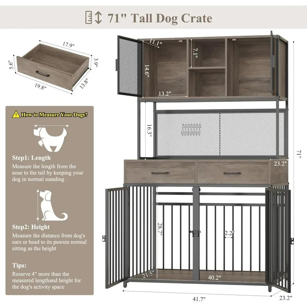 71" Tall Wooden Dog Crate Furniture with Hutch – Indoor Dog Kennel with Drawers & Storage (Fits 42" Dog Cage)