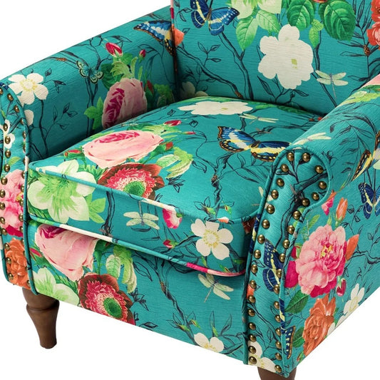 Floral Wingback Accent Chair – Comfy Armchair with Wood Legs & Nailhead Trim, Removable Cushion (Blue)