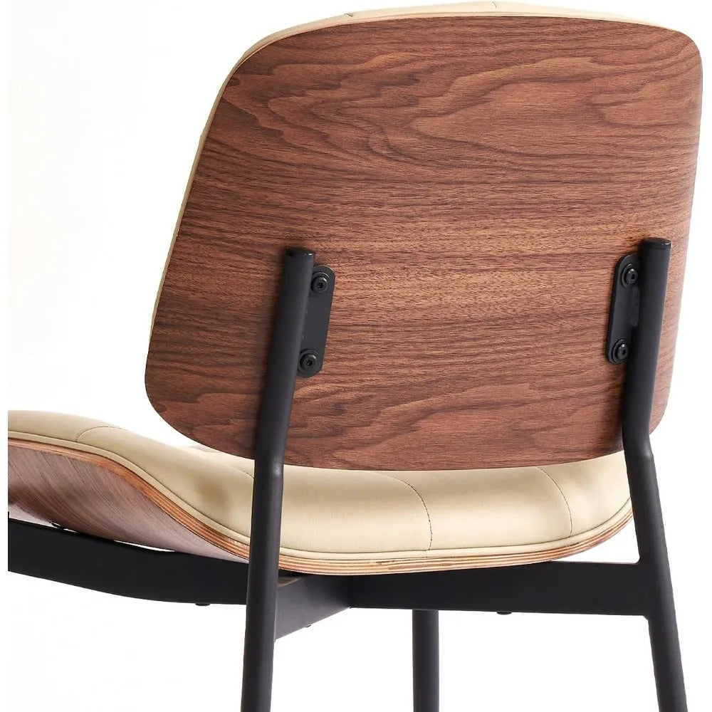 Mid-Century Modern Dining Chairs Set of 4 – Walnut Grain Back, Beige Faux Leather Upholstery, Checkered Cushion, Metal Frame