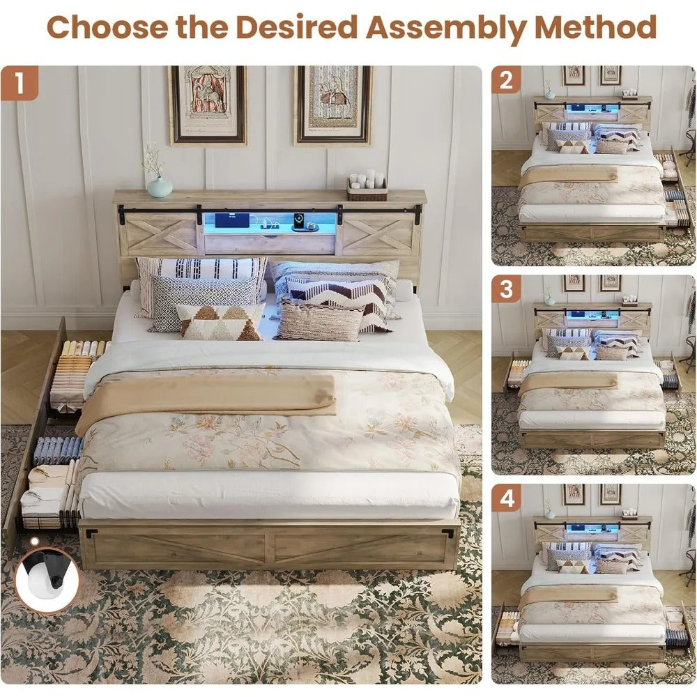 King Size Farmhouse Bed Frame with LED Headboard, Charging Station & Storage Drawers – Rustic Wood Platform Bed with Sliding Barn Doors