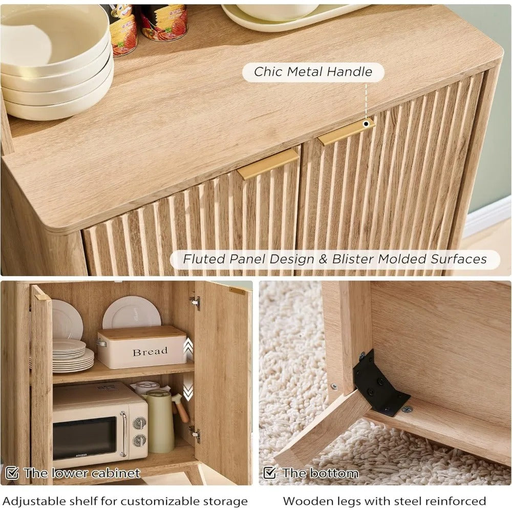 72" Tall Fluted Pantry Cabinet with Adjustable Shelves & Door Racks – Modern Kitchen Storage Organizer with Curved Design, Dual-Zone Doors, Natural Oak