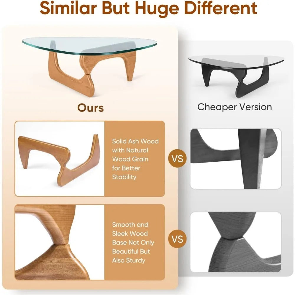 Modern Triangle Glass Coffee Table – Mid-Century Style with Solid Wood Base & Tempered Glass Top, 50” Light Walnut Finish