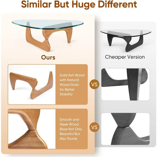 Modern Triangle Glass Coffee Table – Mid-Century Style with Solid Wood Base & Tempered Glass Top, 50” Light Walnut Finish