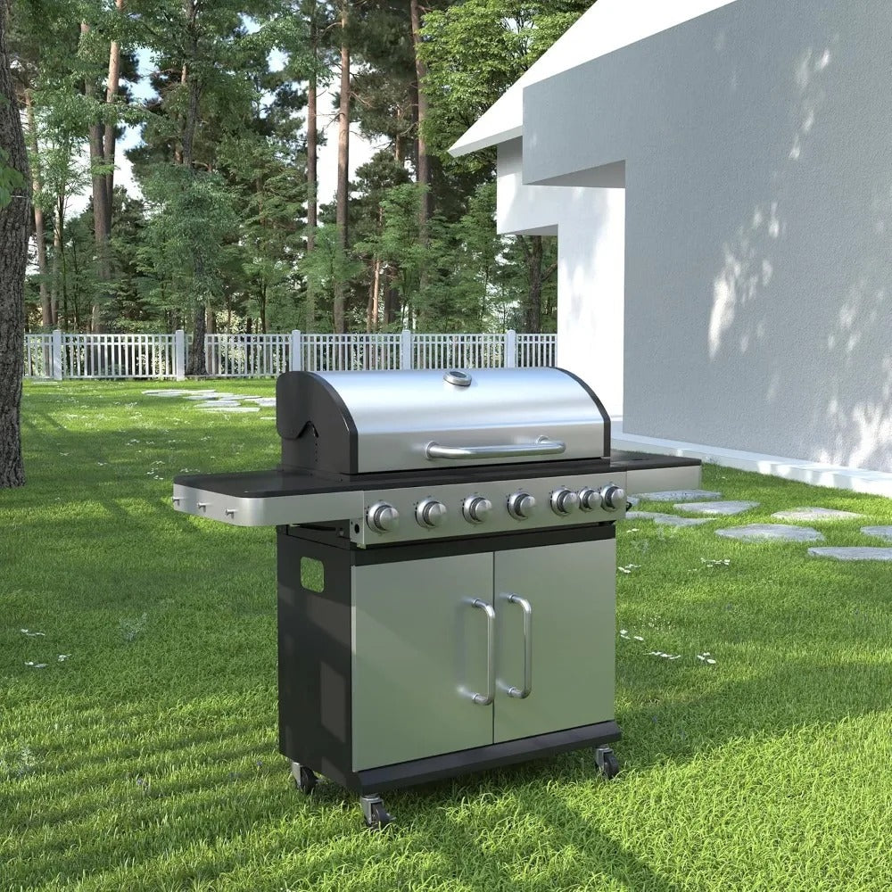 6-Burner Propane BBQ Grill with Side Burner – 65,500 BTU Outdoor Gas Grill with Cast Iron Grates & Prep Space