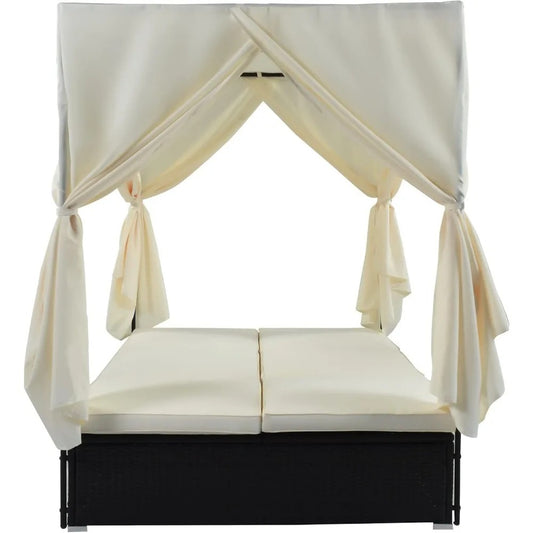 3-Person Outdoor Rattan Daybed with Canopy – Adjustable Patio Sunbed with Cushions & Privacy Curtains, Poolside Lounge Sofa